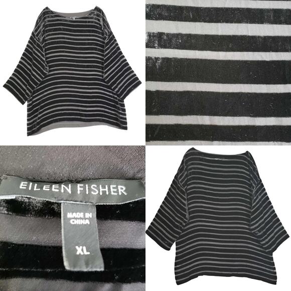 Eileen Fisher Tops - Eileen Fisher Top Womens XL Black Velvet Stripe Boxy Long Sleeve Staple Burnout